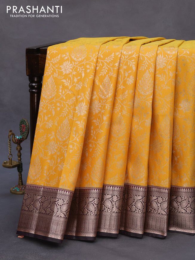 Bangalori silk saree mango yellow and deep jamun shade with allover silver zari weaves and zari woven border