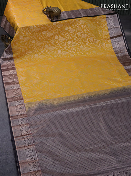 Bangalori silk saree mango yellow and deep jamun shade with allover silver zari weaves and zari woven border