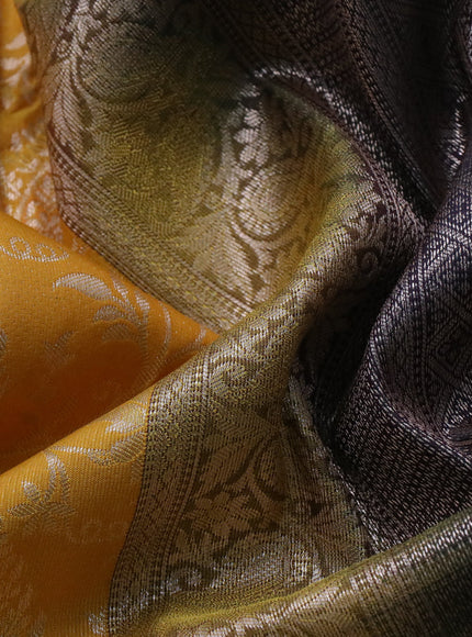 Bangalori silk saree mango yellow and deep jamun shade with allover silver zari weaves and zari woven border