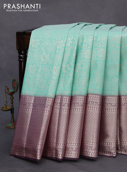 Bangalori silk saree teal green and deep jamun shade with allover silver zari weaves and long silver zari woven border