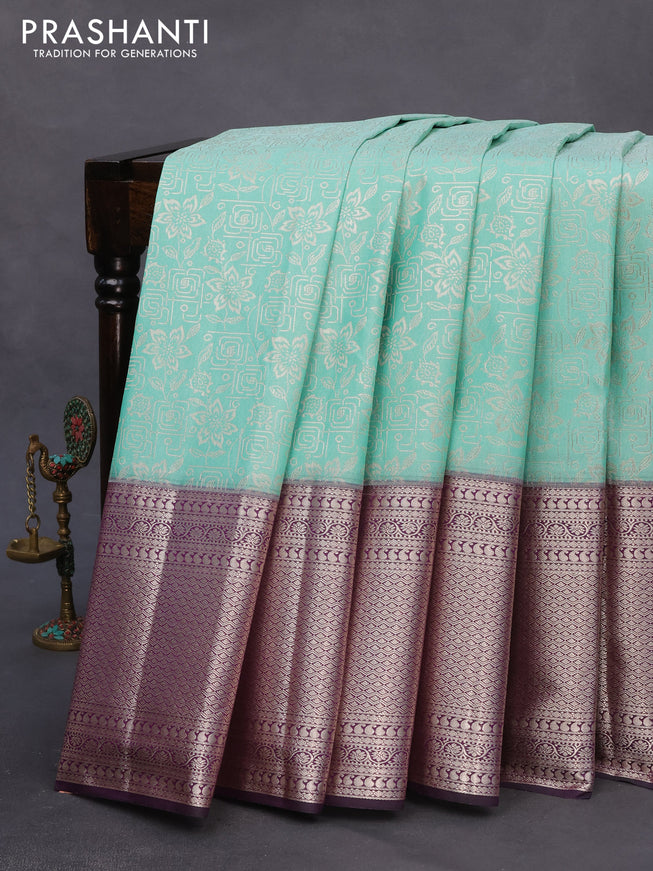 Bangalori silk saree teal green and deep jamun shade with allover silver zari weaves and long silver zari woven border