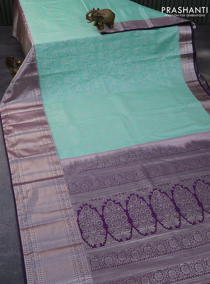 Bangalori silk saree teal green and deep jamun shade with allover silver zari weaves and long silver zari woven border