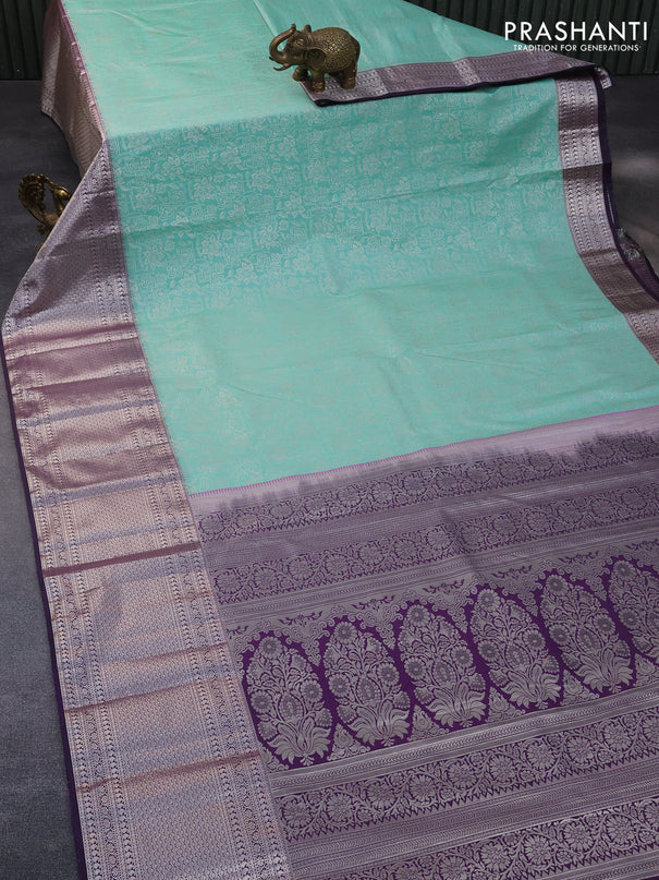 Bangalori silk saree teal green and deep jamun shade with allover silver zari weaves and long silver zari woven border