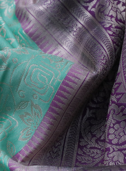 Bangalori silk saree teal green and deep jamun shade with allover silver zari weaves and long silver zari woven border