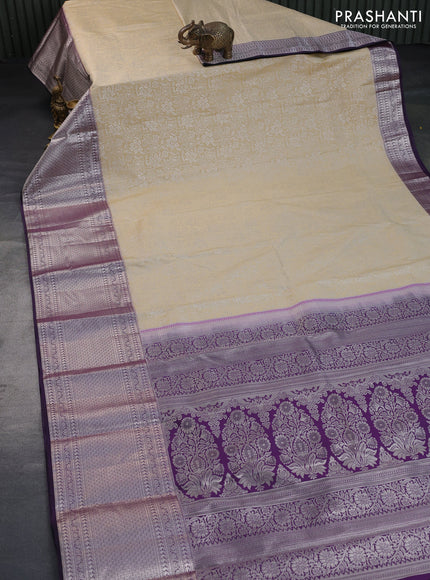 Bangalori silk saree cream and deep jamun shade with allover silver zari weaves and long silver zari woven border