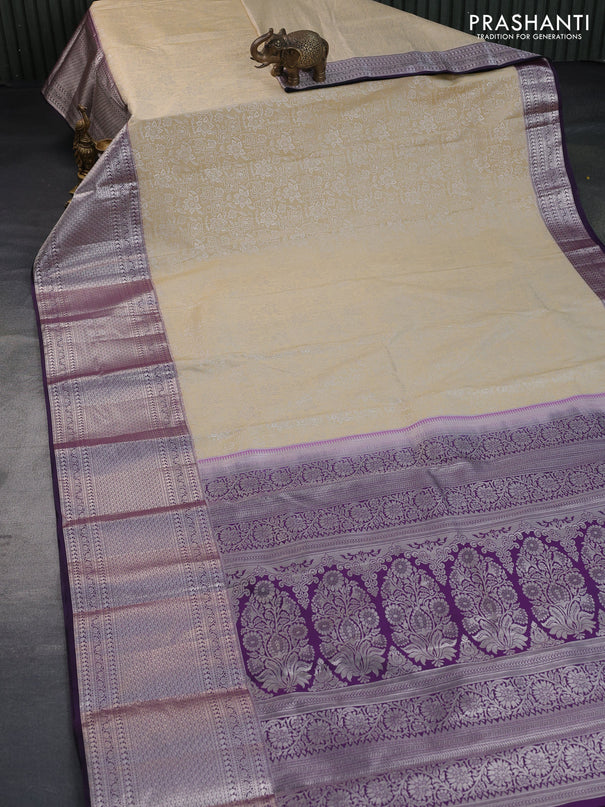 Bangalori silk saree cream and deep jamun shade with allover silver zari weaves and long silver zari woven border