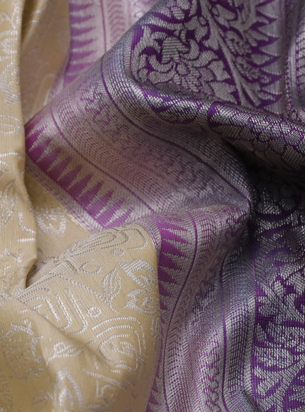 Bangalori silk saree cream and deep jamun shade with allover silver zari weaves and long silver zari woven border