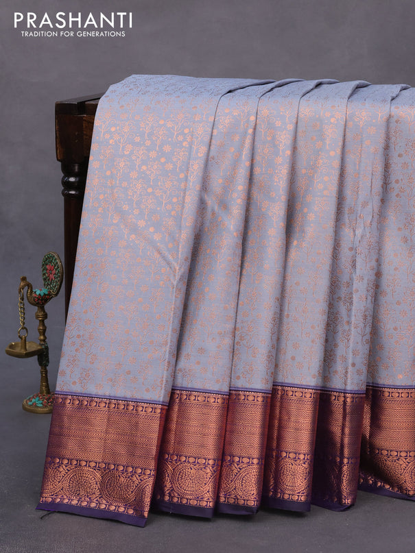 Bangalori silk saree grey and dark blue with allover copper zari woven brocade pattern and zari woven border