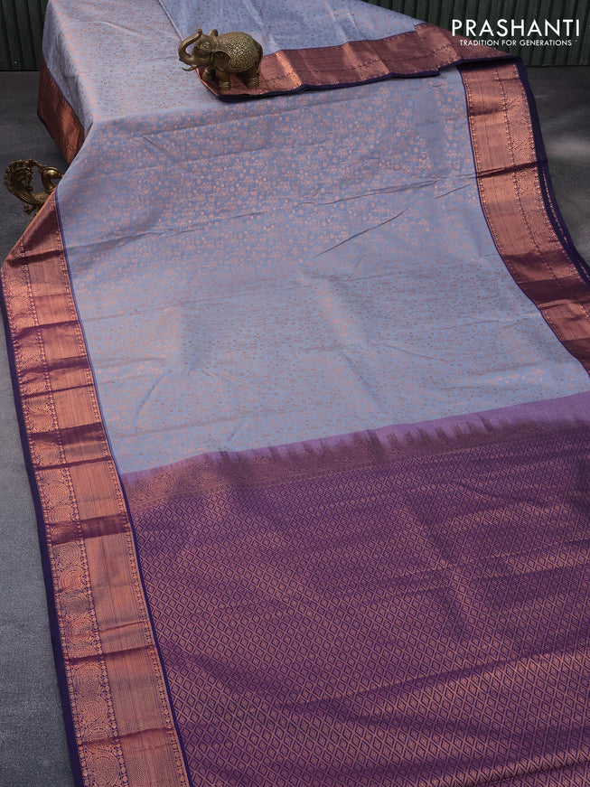 Bangalori silk saree grey and dark blue with allover copper zari woven brocade pattern and zari woven border