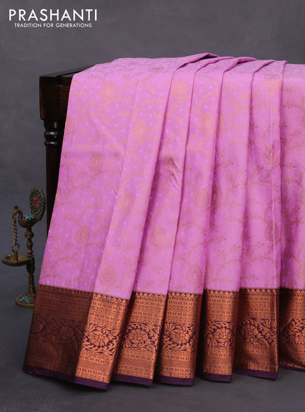 Bangalori silk saree lotus pink and deep violet with allover copper zari weaves and zari woven border