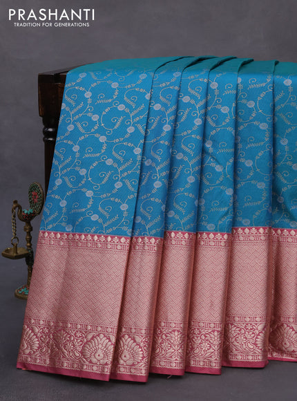 Bangalori silk saree cs blue and mauve pink with allover zari weaves and long zari woven border