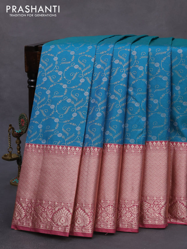 Bangalori silk saree cs blue and mauve pink with allover zari weaves and long zari woven border