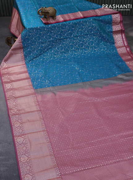 Bangalori silk saree cs blue and mauve pink with allover zari weaves and long zari woven border