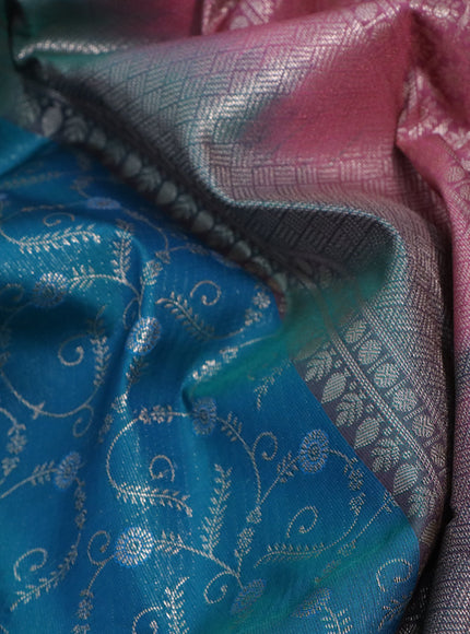 Bangalori silk saree cs blue and mauve pink with allover zari weaves and long zari woven border