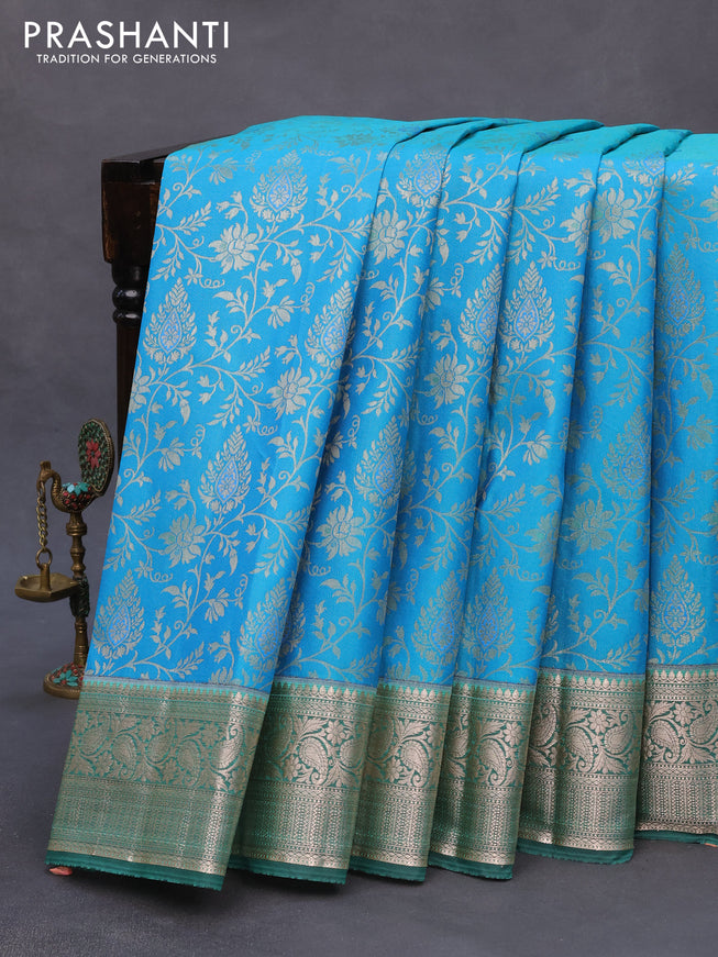 Bangalori silk saree blue and green with allover silver zari woven brocade pattern and zari woven border