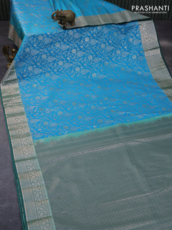 Bangalori silk saree blue and green with allover silver zari woven brocade pattern and zari woven border