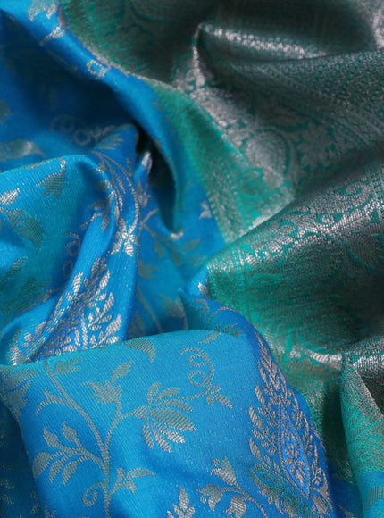 Bangalori silk saree blue and green with allover silver zari woven brocade pattern and zari woven border