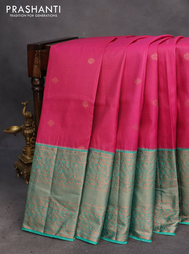 Bangalori silk saree dark pink and teal green with allover copper zari weaves and long zari woven border