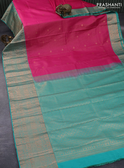 Bangalori silk saree dark pink and teal green with allover copper zari weaves and long zari woven border