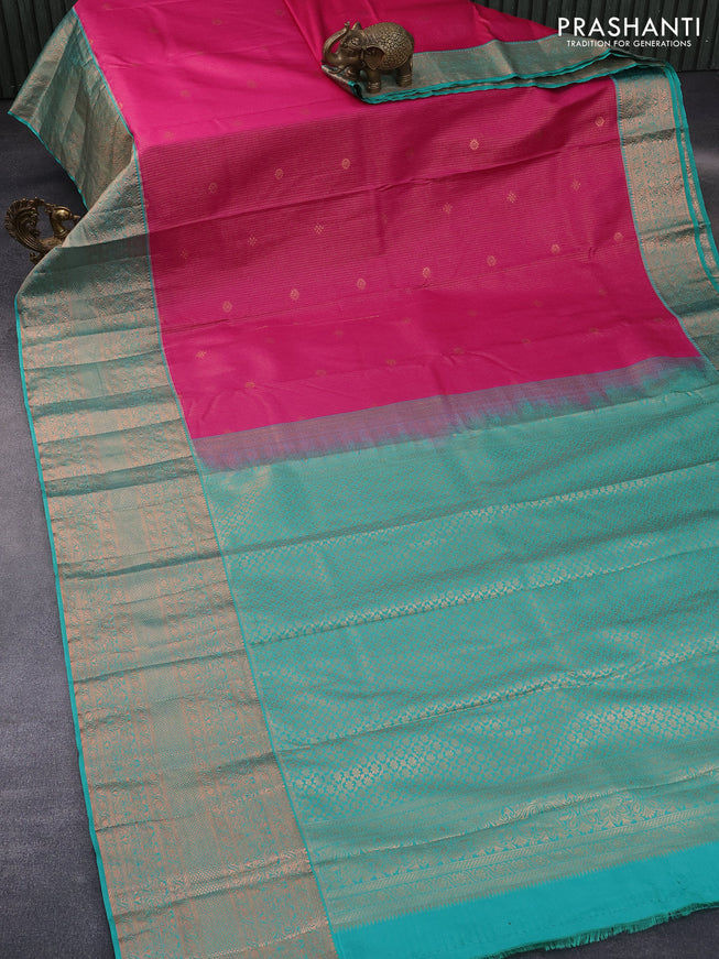 Bangalori silk saree dark pink and teal green with allover copper zari weaves and long zari woven border