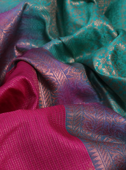 Bangalori silk saree dark pink and teal green with allover copper zari weaves and long zari woven border