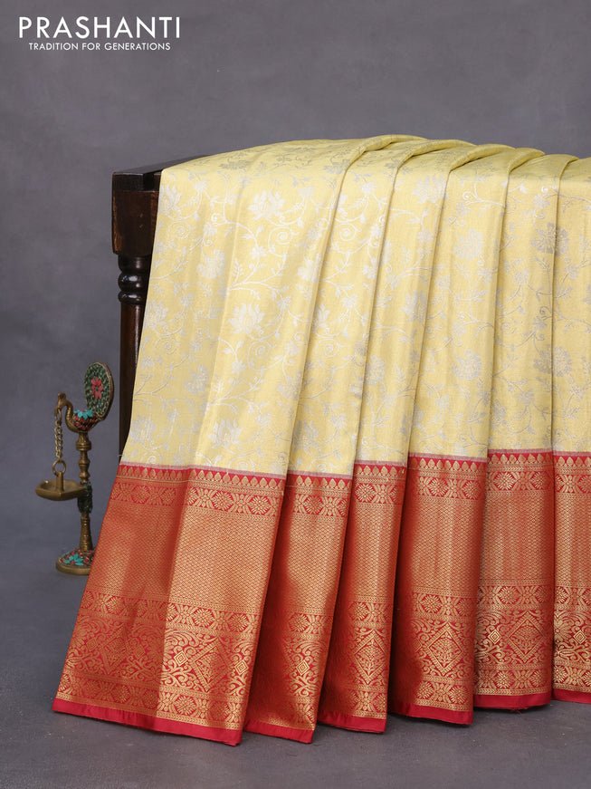 Bangalori tissue silk saree pale yellow and maroon with allover silver zari weaves and long zari woven border