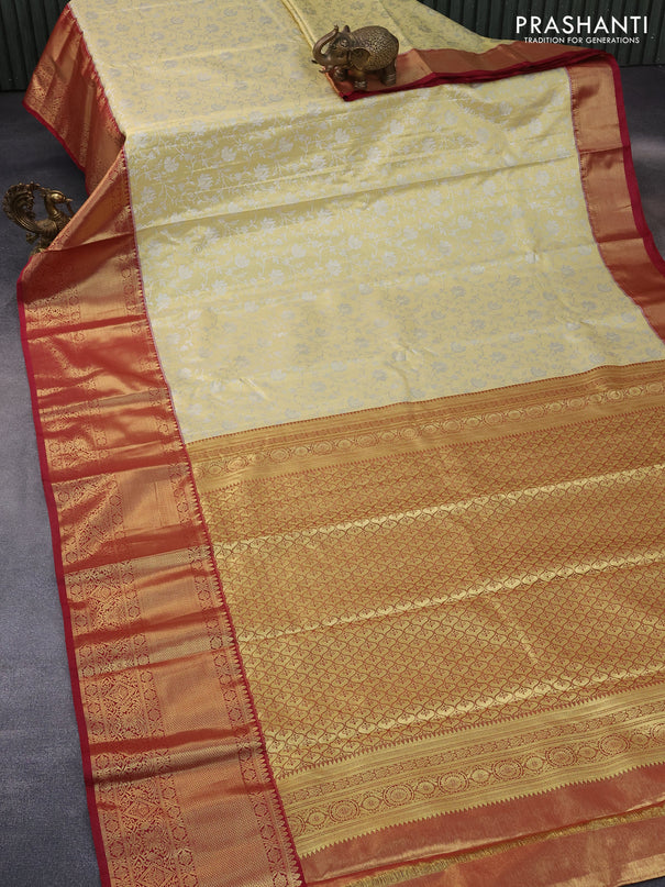 Bangalori tissue silk saree pale yellow and maroon with allover silver zari weaves and long zari woven border