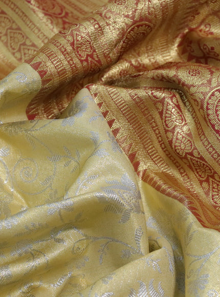 Bangalori tissue silk saree pale yellow and maroon with allover silver zari weaves and long zari woven border