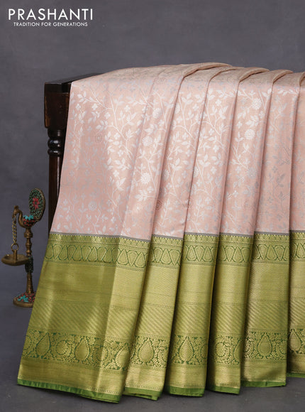 Bangalori tissue silk saree peach shade and green with allover silver zari weaves and long zari woven border