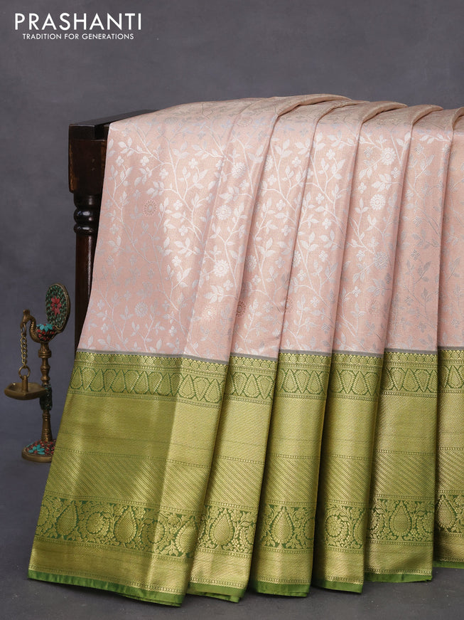 Bangalori tissue silk saree peach shade and green with allover silver zari weaves and long zari woven border