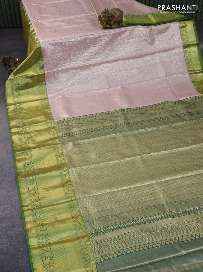 Bangalori tissue silk saree peach shade and green with allover silver zari weaves and long zari woven border