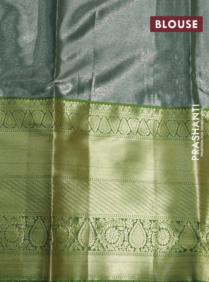 Bangalori tissue silk saree peach shade and green with allover silver zari weaves and long zari woven border