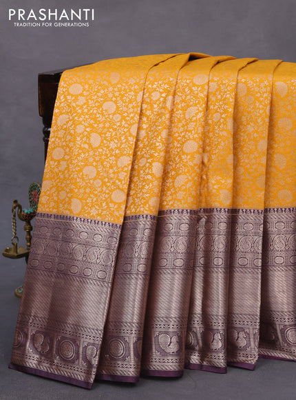 Bangalori silk saree mustard yellow and deep jamun shade with allover silver zari weaves and long zari woven border