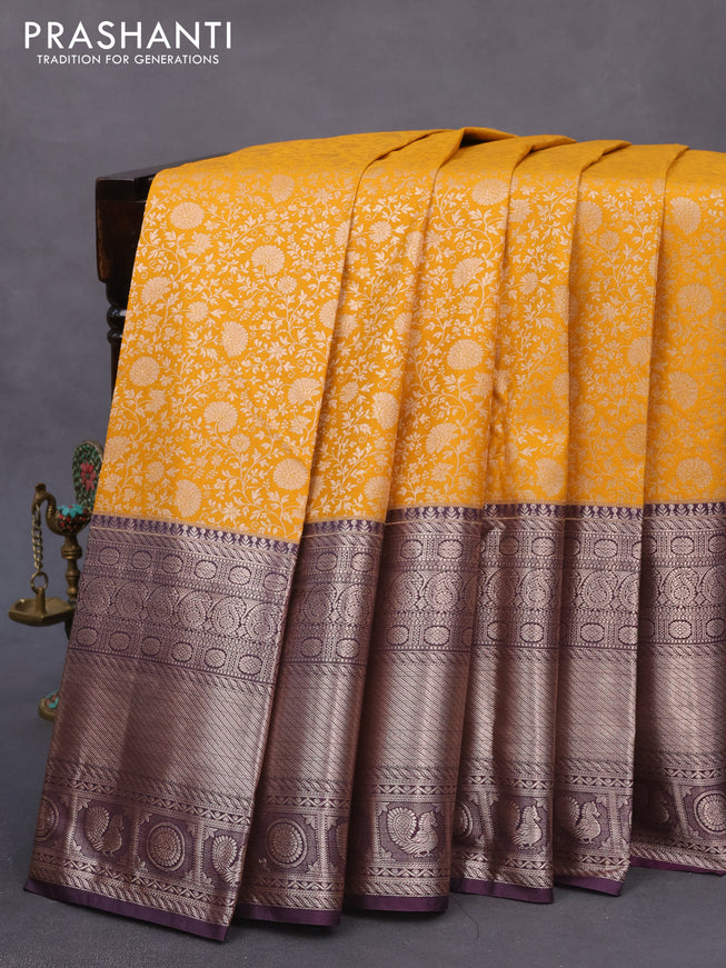 Bangalori silk saree mustard yellow and deep jamun shade with allover silver zari weaves and long zari woven border