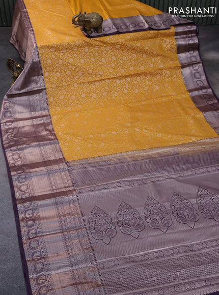 Bangalori silk saree mustard yellow and deep jamun shade with allover silver zari weaves and long zari woven border