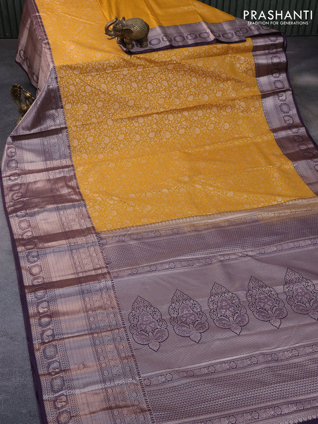 Bangalori silk saree mustard yellow and deep jamun shade with allover silver zari weaves and long zari woven border