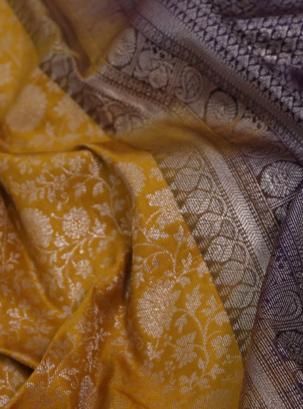 Bangalori silk saree mustard yellow and deep jamun shade with allover silver zari weaves and long zari woven border