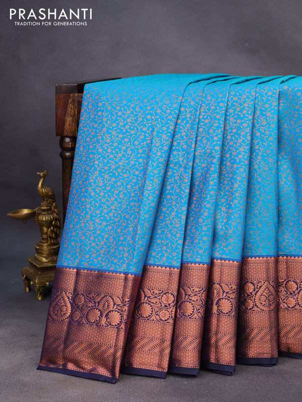 Bangalori silk saree cs blue and navy blue with allover copper zari weaves and long zari woven border