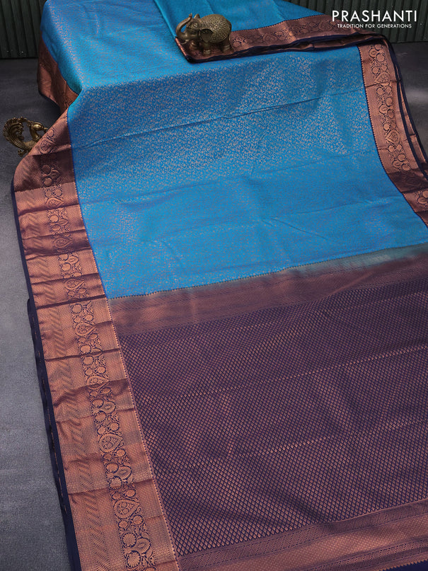 Bangalori silk saree cs blue and navy blue with allover copper zari weaves and long zari woven border