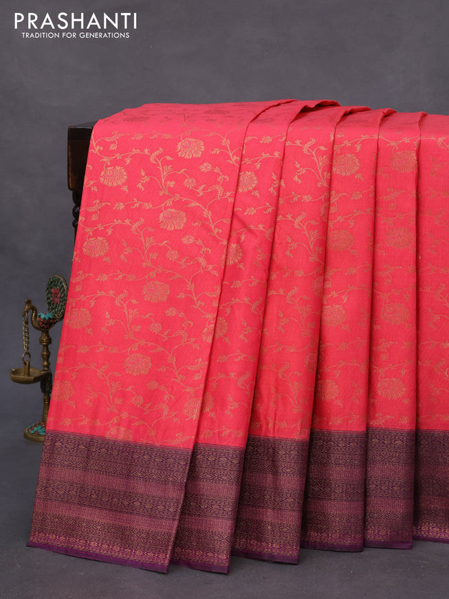 Bangalori silk saree pink and purple with allover copper zari weaves and zari woven border