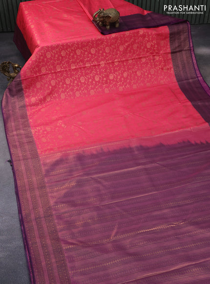 Bangalori silk saree pink and purple with allover copper zari weaves and zari woven border