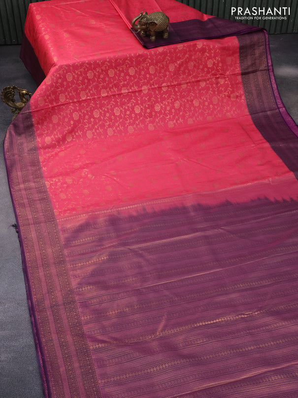 Bangalori silk saree pink and purple with allover copper zari weaves and zari woven border