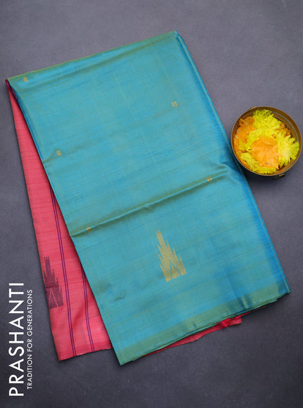 Banana pith saree dual shade of teal bluish green and pink with thread woven buttas in borderless style