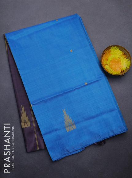 Banana pith saree cs blue and deep jamun shade with thread woven buttas in borderless style