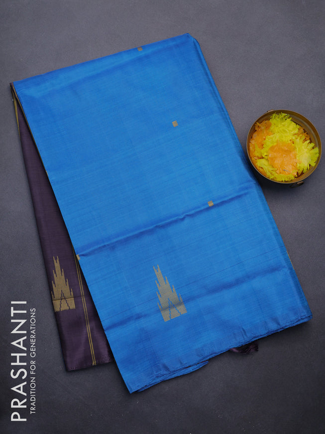 Banana pith saree cs blue and deep jamun shade with thread woven buttas in borderless style