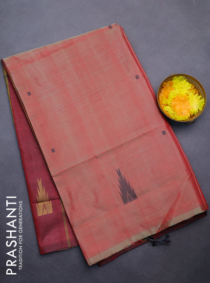 Banana pith saree dual shade of red and maroon shade with thread woven buttas in borderless style