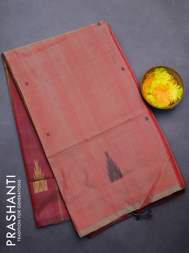 Banana pith saree dual shade of red and maroon shade with thread woven buttas in borderless style