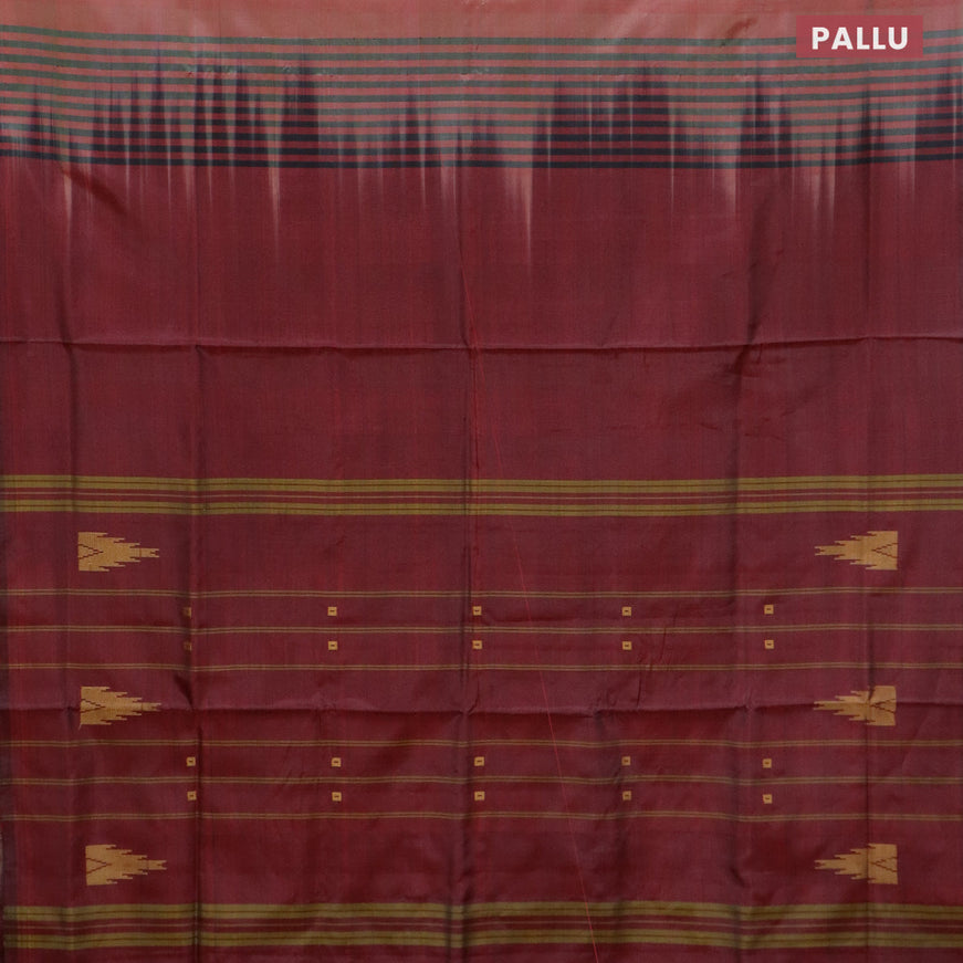 Banana pith saree dual shade of red and maroon shade with thread woven buttas in borderless style