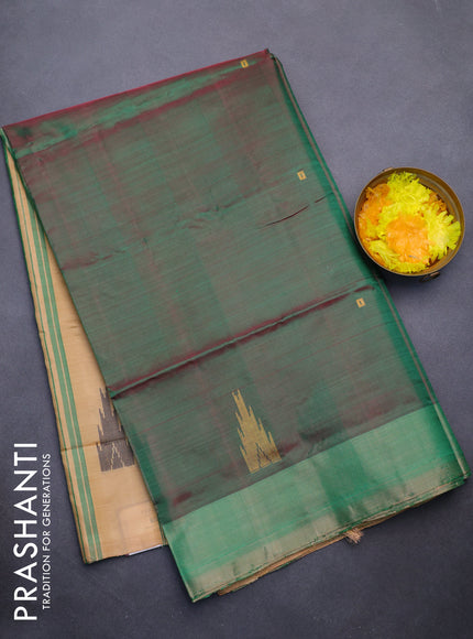 Banana pith saree dual shade of pinkish green and sandal with thread woven buttas and contrast border