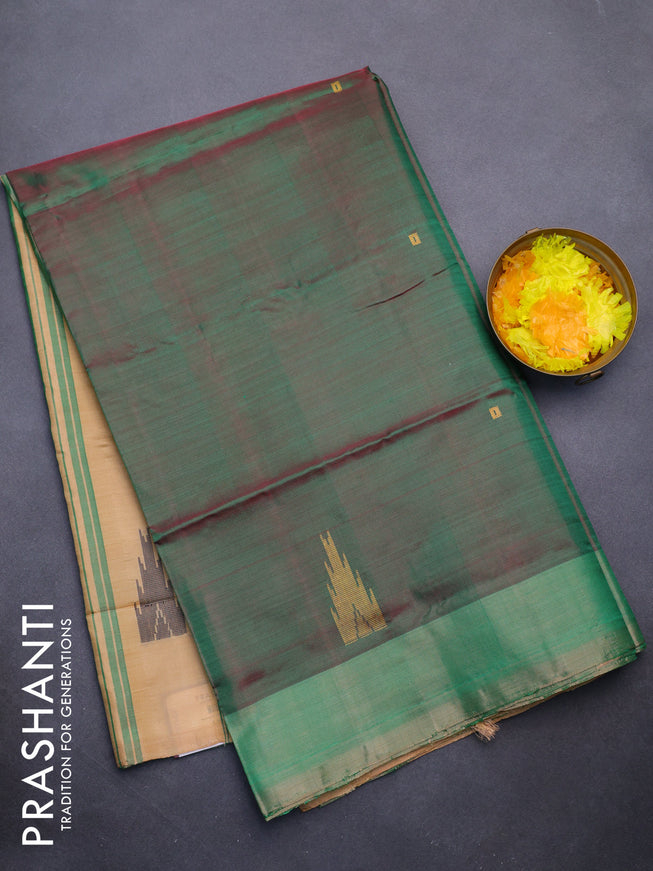 Banana pith saree dual shade of pinkish green and sandal with thread woven buttas and contrast border